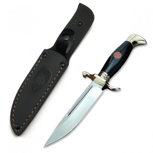 Cutit tactic de vanatoare, teaca din piele naturala, lama 440C, maner acrilic full tang, 26 cm, negr