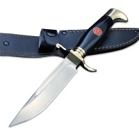 Cutit tactic de vanatoare, teaca din piele naturala, lama 440C, maner acrilic full tang, 26 cm, negr