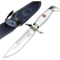 Cutit tactic de vanatoare, teaca din piele naturala, lama 440C, maner acrilic full tang, 26 cm, alb
