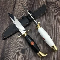 Cutit tactic de vanatoare, teaca din piele naturala, lama 440C, maner acrilic full tang, 26 cm, alb