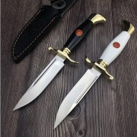 Cutit tactic de vanatoare, teaca din piele naturala, lama 440C, maner acrilic full tang, 26 cm, alb