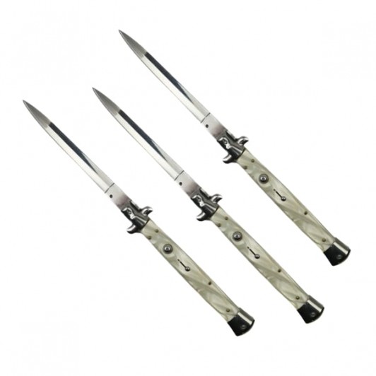 Set trei bricege automate stiletto, Italian Blade, otel inoxidabil, husa inclusa, argintiu, 33 cm