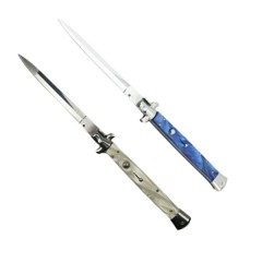 Set doua bricege automat stiletto, Italian Blade, otel inoxidabil, husa inclusa, argintiu si albastr