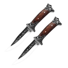 Set doua cutite de vanatoare, design gravat, maner lemn, 28 cm, maro