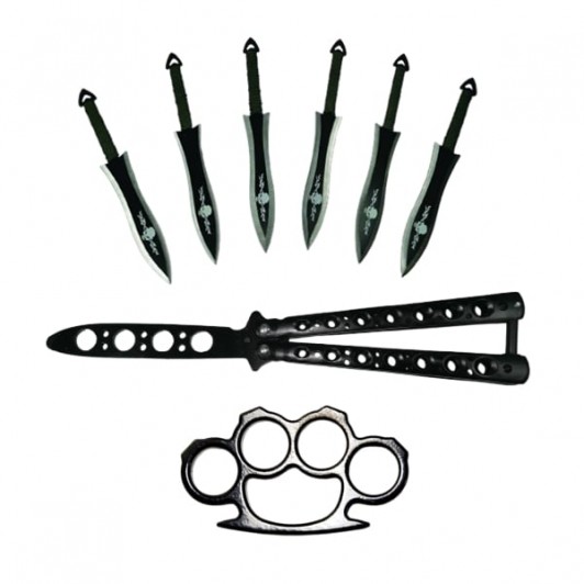 Set briceag fluture, rozeta si 6 cutite de aruncat, otel inoxidabil, negru