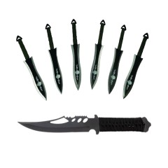 Set Cutit de vanatoare Extreme Battle si sase cutite de aruncat, Black Fury, otel inoxidabil, teaca 