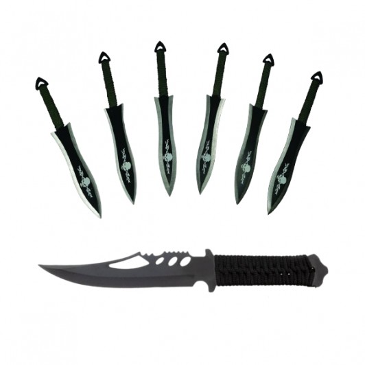 Set Cutit de vanatoare Extreme Battle si sase cutite de aruncat, Black Fury, otel inoxidabil, teaca