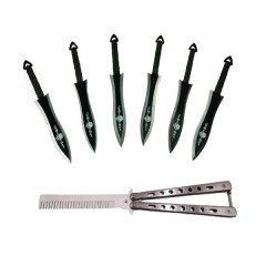 Set Briceag fluture  si sase cutite de aruncat, Black Fury, otel inoxidabil, teaca inclusa