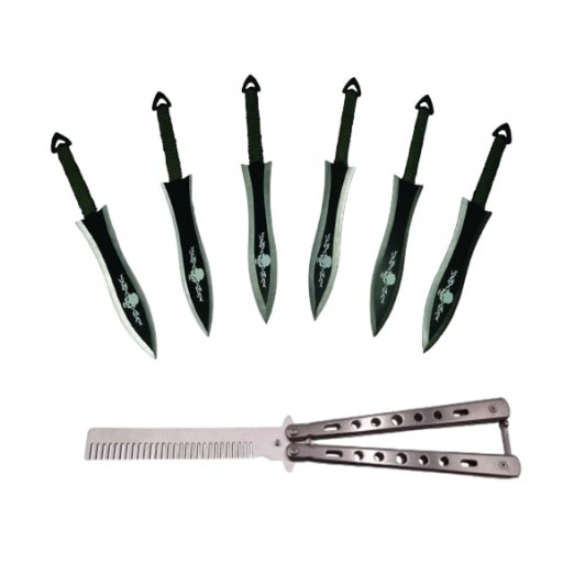 Set Briceag fluture  si sase cutite de aruncat, Black Fury, otel inoxidabil, teaca inclusa