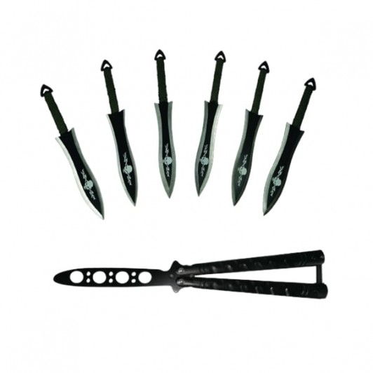 Set Briceag fluture si sase cutite de aruncat, otel inoxidabil, negru