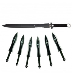 Set sabie de vanatoare Last Ronin si sase cutite de aruncat, otel inoxidabil, negru