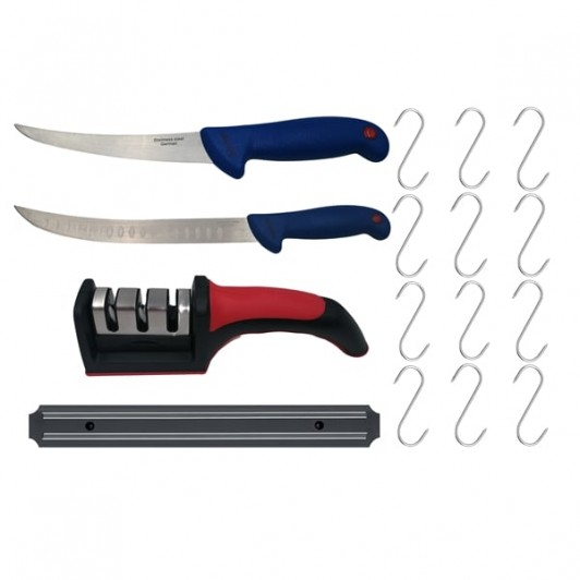 Set de macelarie DEPOX®, filetat, cutitul bucatarului, ascutitoare, suport magnetic si 12 carlige ma