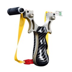 Praștie profesională metalică cu 3 zgarciuri, maner imitatie carbon, 12 cm