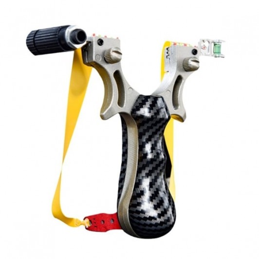 Praștie profesională metalică cu 3 zgarciuri, maner imitatie carbon, 12 cm