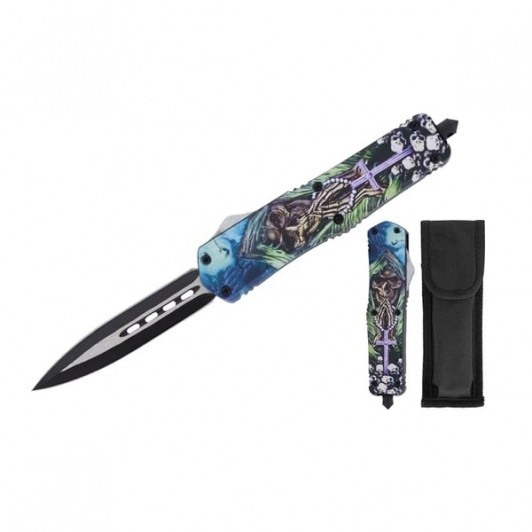 Cuțit automat cu arc, DEPOX®,  lamă dublă tip pumnal, husă cordura, 23 cm