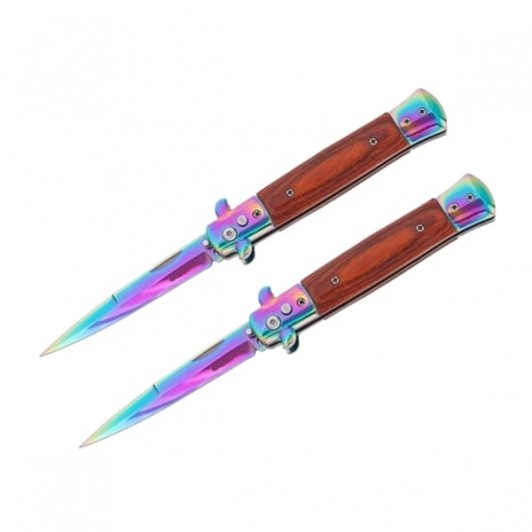 Set de doua cutite pliabile cu arc sicilian,  DEPOX®, lamă curcubeu, oțel inoxidabil 420, deschidere automată, 22 cm