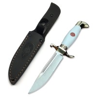 Set de trei cutite de vanatoare, teaca din piele naturala, lama 440C, 26 cm, alb/maro/negru