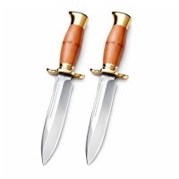 Set doua cutite de vanatoare, teaca din piele naturala, lama 440C, maner lemn, 26 cm, maro