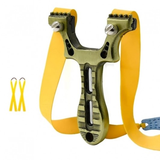 Praștie multifuncțională,  metal, 2 elastice de rezervă, verde, 11 cm