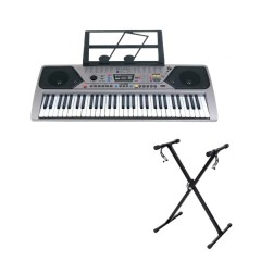 Orga electronica  si stativ DEPOX®, intrare USB, mini-microfon, suport partitura inclus, argintiu