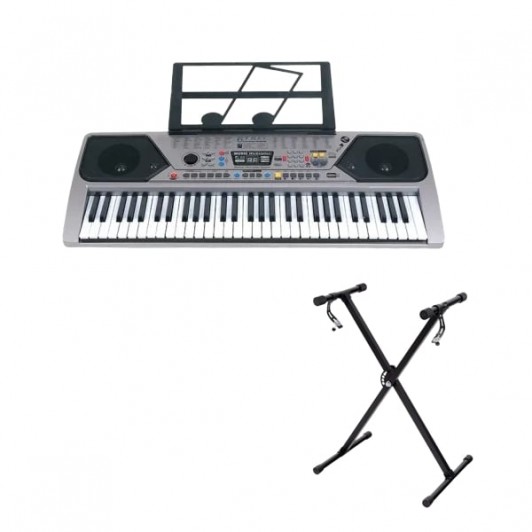 Orga electronica  si stativ DEPOX®, intrare USB, mini-microfon, suport partitura inclus, argintiu