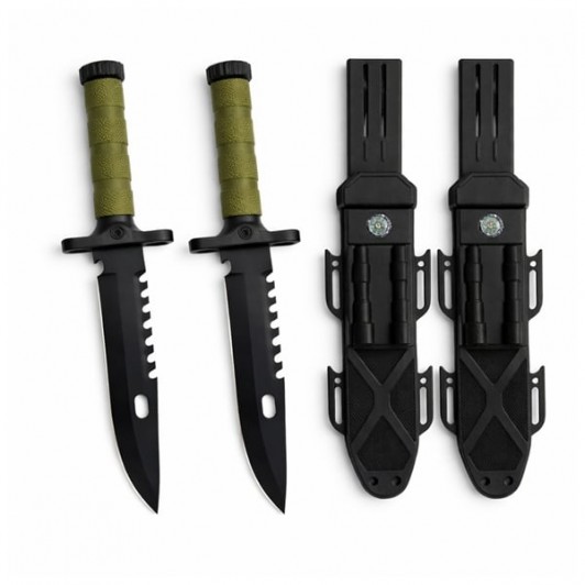 Set de doua cutite cu amnar si ascutitor , 32 cm DEPOX® , teaca multifunctionala, verde military