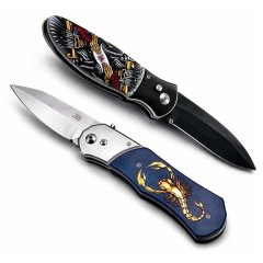 Set de doua cutite automate, DEPOX®, design compact, 24 cm,husa inclusa, bleumarin/multicolor