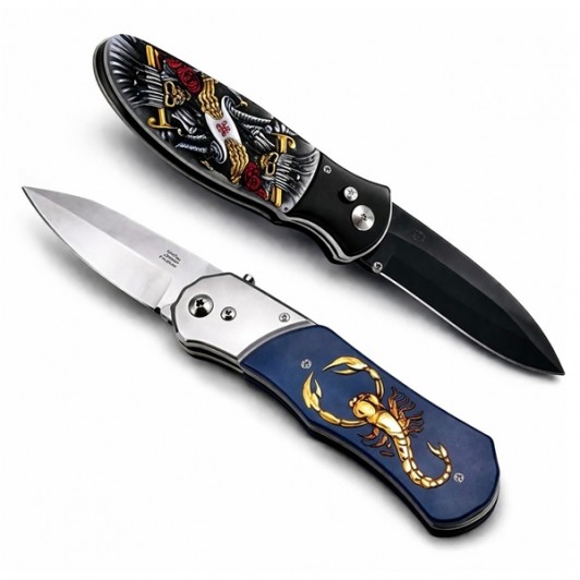 Set de doua cutite automate, DEPOX®, design compact, 24 cm,husa inclusa, bleumarin/multicolor