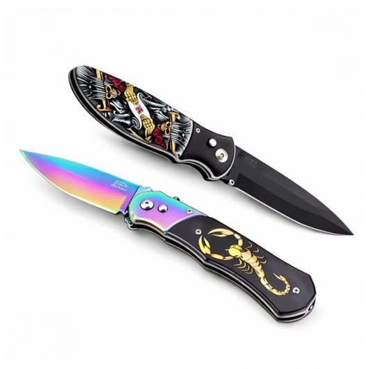 Set de doua cutite automate, DEPOX®, design compact, 24 cm,husa inclusa, negru/multicolor