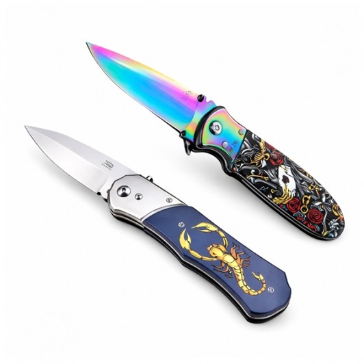 Set de doua cutite automate, DEPOX®, 24 cm,husa inclusa, maner decorativ, bleumarin/multicolor