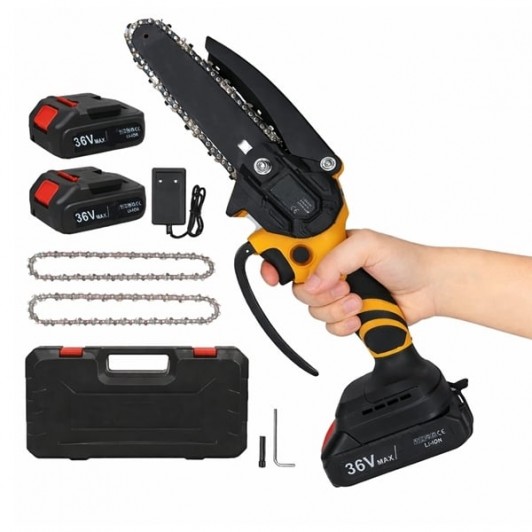 Fierăstrău mini cu lanț, 36V, DEPOX®, 2 acumulatori, 2 lanțuri, LED, negru/galben Fierăstrău mini cu lanț, 36V, DEPOX®, 2 acumulatori, 2 lanțuri, LED, negru/galben