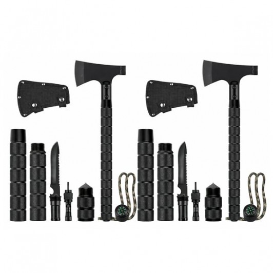 Set 2 x Topor multifunctional cu 6 piese DEPOX® , Amnar/Fluier /Cuțit/Busola , 43.5 cm , Aluminiu