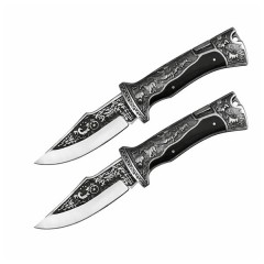 Set doua cutite pliabile de vânătoare, DEPOX®, lamă inox clip point, mâner metal și lemn, negru, 23