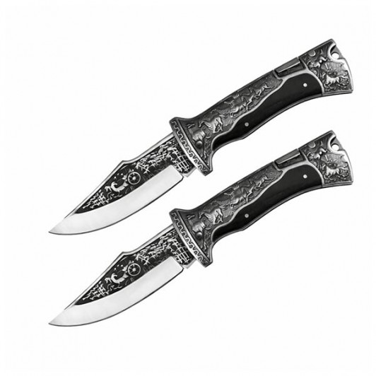 Set doua cutite pliabile de vânătoare, DEPOX®, lamă inox clip point, mâner metal și lemn, negru, 23