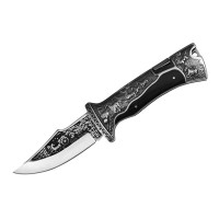 Set doua cutite pliabile de vânătoare, DEPOX®, lamă inox clip point, mâner metal și lemn, negru, 23