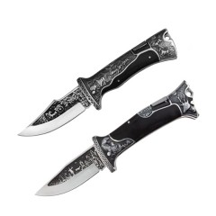 Set 2 cuțite pliabile de vânătoare DEPOX®, lamă inox clip point, mâner metal și lemn, sistem back lo
