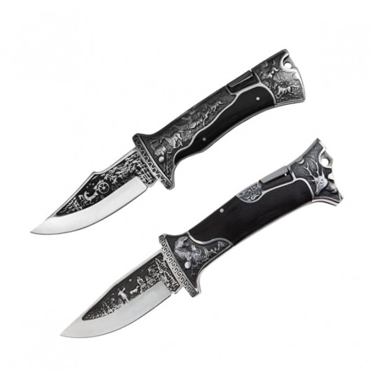 Set 2 cuțite pliabile de vânătoare DEPOX®, lamă inox clip point, mâner metal și lemn, sistem back lo