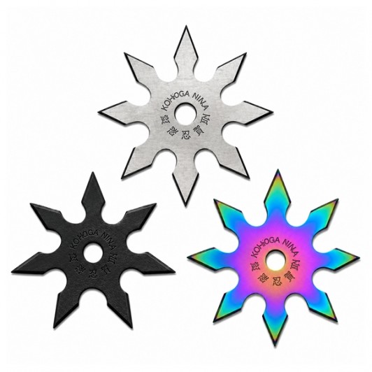 Set trei stele de aruncat DEPOX®, 7 si 8 colturi, metalic, negru/multicolor/argintiu, 10 cm
