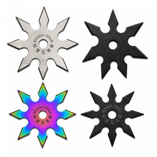 Set patru stele de aruncat DEPOX®, 7 si 8 colturi, metalic, negru/multicolor/argintiu, 10 cm