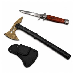 Set topor si briceag de vanatoare DEPOX®, 39 cm/23 cm, maro/negru, otel inoxidabil