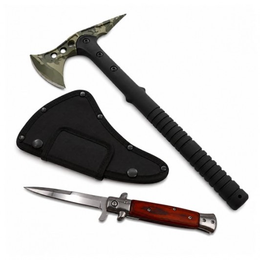 Set topor si briceag de vanatoare DEPOX®, otel inoxidabil, 40 cm/ 23 cm, verde/maro