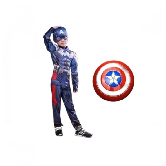 Set costum Captain America cu Muschi + Scut Supererou 30 cm, DEPOX®, 3-5 ani, 100-110 cm
