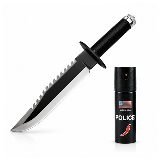 Set cutit tactic de vanatoare si spray paralizant chili, DEPOX®, 39.5 cm, negru