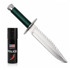 Set cutit de vanatoare si spray paralizant chili, DEPOX®, 35 cm/60 ml, teaca inclusa, verde/negru Set cutit de vanatoare si spray paralizant chili, DEPOX®, 35 cm/60 ml, teaca inclusa, verde/negru