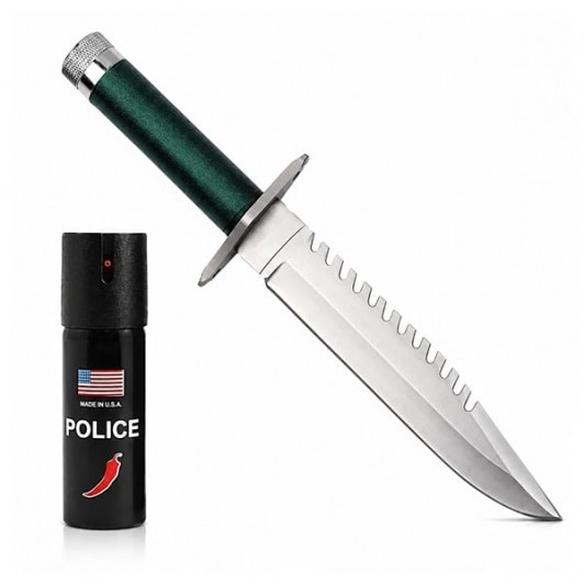 Set cutit de vanatoare  si spray paralizant chili, DEPOX®, 35 cm/60 ml, teaca inclusa, verde/negru