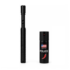 Set baston cu electrosoc extensibil si spray paralizan chili DEPOX®, negru, full metalic, 49 cm /60 