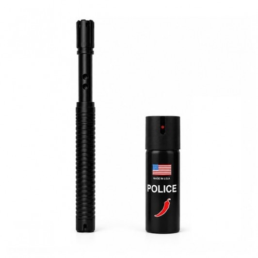 Set baston cu electrosoc extensibil si spray paralizan chili DEPOX®, negru, full metalic, 49 cm /60 ml