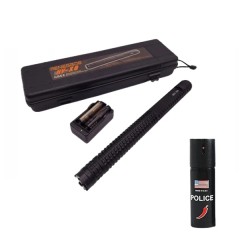 Set baston electrosoc lanterna si spray paralizant chili DEPOX®, metalic, 35 cm/60 ml, negru, cutie 