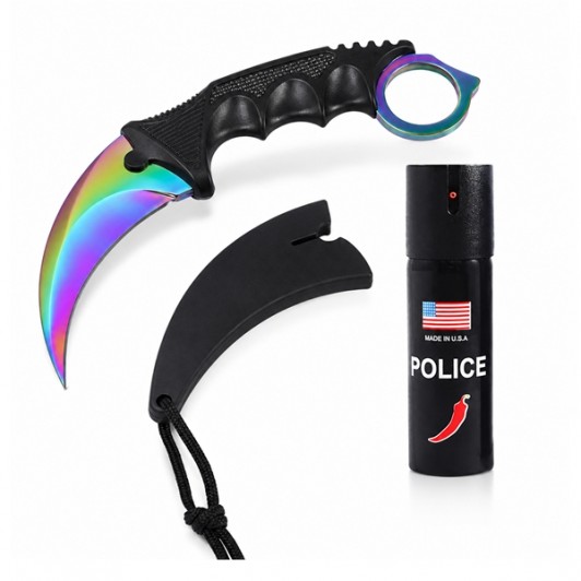 Set cutit karambit si spray paralizant DEPOX®, Rainbow Blade, 25 cm - Copie Set cutit karambit si spray paralizant DEPOX®, Rainbow Blade, 25 cm - Copie