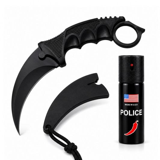 Set cutit karambit si spray paralizant chili DEPOX®, 19 cm/60 ml, Negru Set cutit karambit si spray paralizant chili DEPOX®, 19 cm/60 ml, Negru